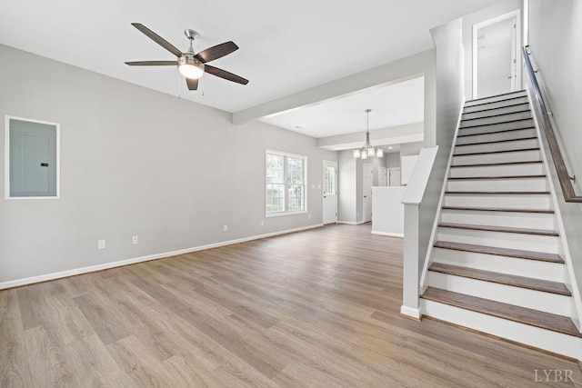 419 Wadsworth St, Lynchburg, VA 24501 - unfurnished living room with electric panel, light wood-style floors, a ceiling fan, stairway, and a chandelier