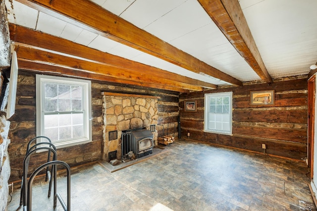 1807 Wheats Valley Rd, Bedford, VA 24532 - unfurnished living room featuring a wood stove, wooden walls, and beam ceiling