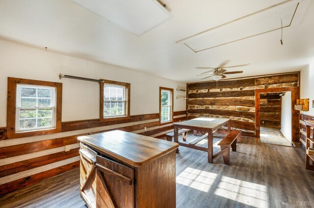 1807 Wheats Valley Rd, Bedford, VA 24532 - office featuring attic access, wood walls, wainscoting, wood finished floors, and ceiling fan