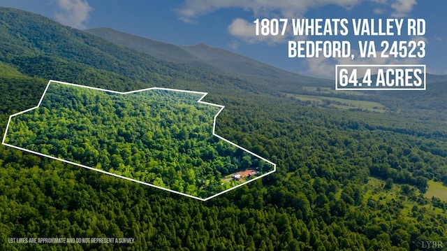 1807 Wheats Valley Rd, Bedford, VA 24532 - aerial view of property and surrounding area featuring a heavily wooded area, property parcel outlined, and mountains