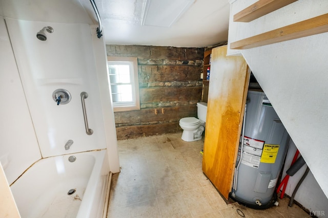 1807 Wheats Valley Rd, Bedford, VA 24532 - bathroom with water heater, toilet, wood walls, and shower / bath combination