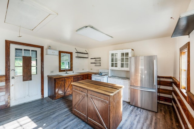 1807 Wheats Valley Rd, Bedford, VA 24532 - kitchen featuring freestanding refrigerator, white electric range, dark wood finished floors, a sink, and white cabinets