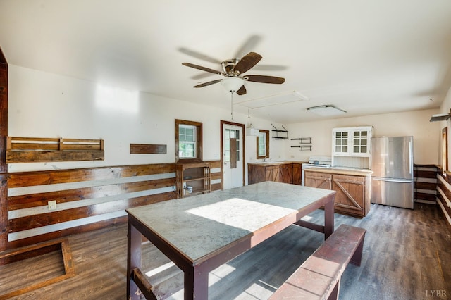 1807 Wheats Valley Rd, Bedford, VA 24532 - dining room featuring a ceiling fan, dark wood-style floors, and a wainscoted wall