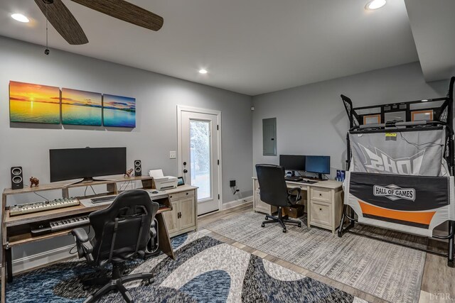 1013 Cobblestone Ln, Forest, VA 24551 - home office with electric panel, light wood finished floors, recessed lighting, ceiling fan, and baseboards