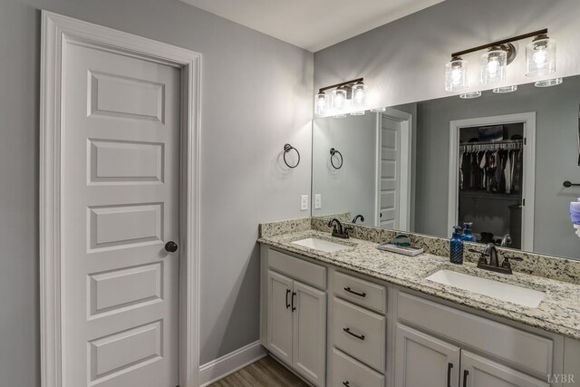 1013 Cobblestone Ln, Forest, VA 24551 - full bathroom featuring double vanity, a spacious closet, wood finished floors, and baseboards