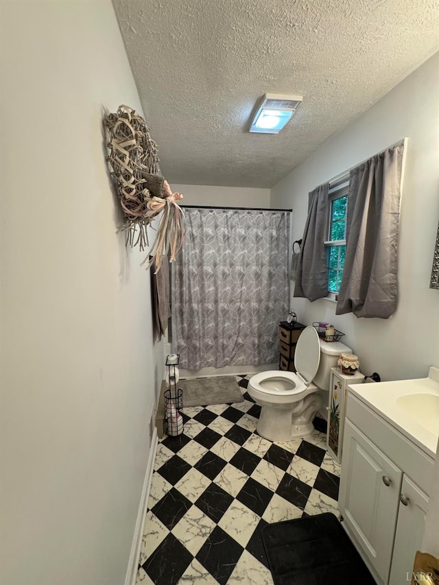 100 New Chapel Rd, Rustburg, VA 24588 - full bathroom with vanity, toilet, a textured ceiling, curtained shower, and baseboards