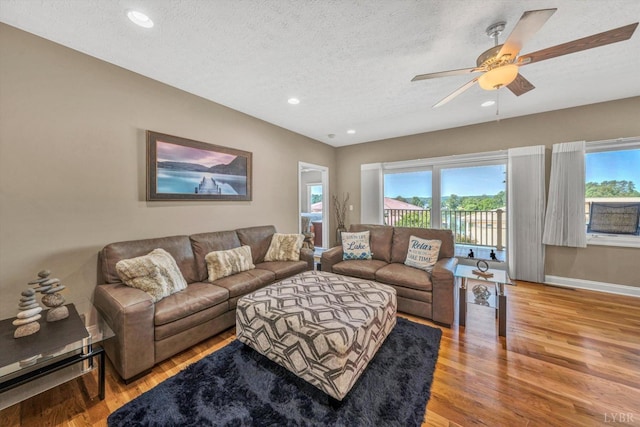 1066 Siesta Key Ct, Moneta, VA 24121 - living area featuring ceiling fan, a textured ceiling, light wood-style floors, recessed lighting, and baseboards