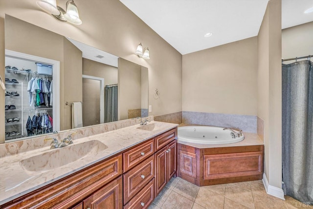 1066 Siesta Key Ct, Moneta, VA 24121 - full bath featuring a whirlpool tub, double vanity, curtained shower, tile patterned floors, and a spacious closet