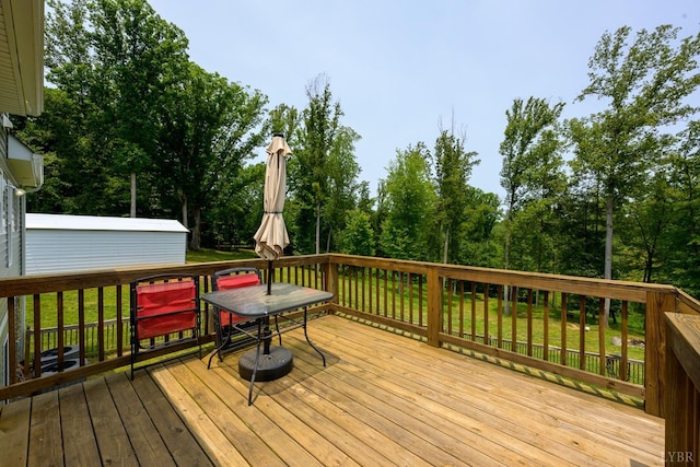 1032 Wiggington Rd, Lynchburg, VA 24502 - wooden terrace with a yard, outdoor dining space, and view of wooded area