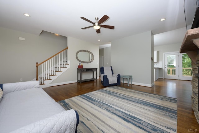 1032 Wiggington Rd, Lynchburg, VA 24502 - living room featuring wood finished floors, stairway, ceiling fan, and recessed lighting