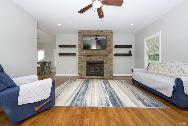 1032 Wiggington Rd, Lynchburg, VA 24502 - living room featuring a ceiling fan, wood finished floors, a fireplace, and recessed lighting