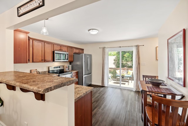 1810 Broadway St Unit 100, Lynchburg, VA 24501 - kitchen with appliances with stainless steel finishes, brown cabinets, dark wood-type flooring, a kitchen breakfast bar, and a peninsula
