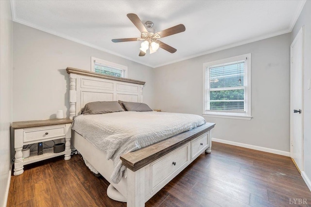 909 Lake Dr, Bedford, VA 24523 - bedroom featuring dark wood-type flooring, baseboards, crown molding, and ceiling fan