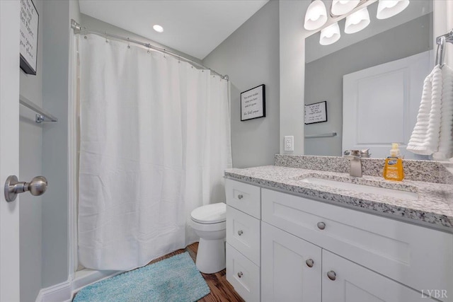 1620 Stripers Cove Rd, Goodview, VA 24095 - bathroom featuring vanity, toilet, wood finished floors, and a shower with curtain