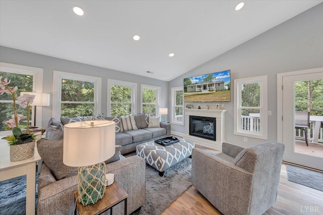 1620 Stripers Cove Rd, Goodview, VA 24095 - living room with lofted ceiling, recessed lighting, wood finished floors, and a glass covered fireplace
