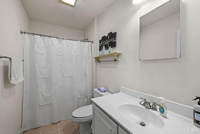 4710 Hummingbird Ln, Concord, VA 24538 - full bathroom with a textured ceiling, toilet, vanity, tile patterned floors, and a shower with curtain
