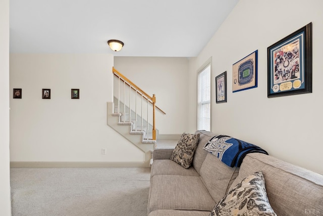 824 Wiggington Rd Unit 303, Lynchburg, VA 24502 - living room featuring stairway, carpet flooring, and baseboards