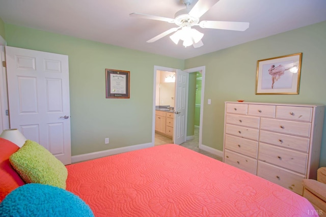 bedroom with ensuite bath, ceiling fan, and light colored carpet