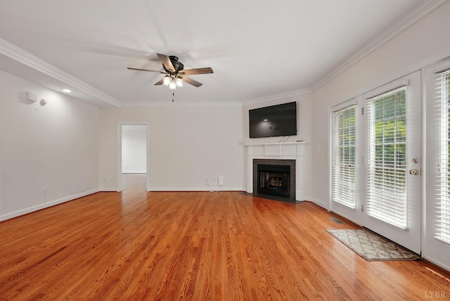 103 Waterton Dr, Lynchburg, VA 24503 - unfurnished living room with ceiling fan, a fireplace with flush hearth, light wood finished floors, crown molding, and recessed lighting