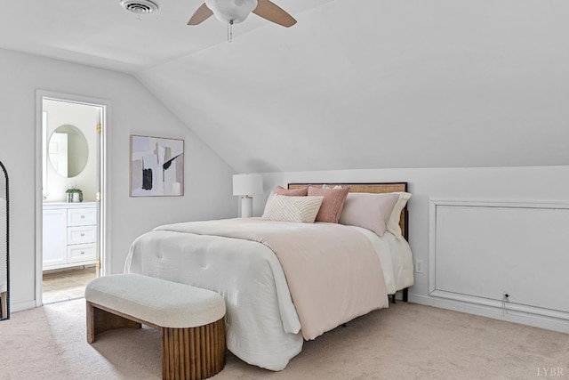 1708 Westwood Ave, Richmond, VA 23227 - bedroom with light carpet, vaulted ceiling, ensuite bath, and a ceiling fan