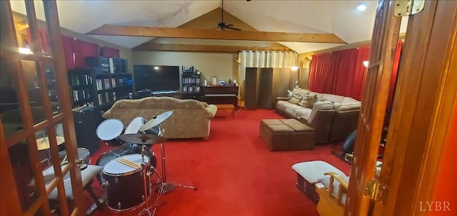 2995 Bear Creek Rd, Rustburg, VA 24588 - carpeted living area with lofted ceiling and a ceiling fan