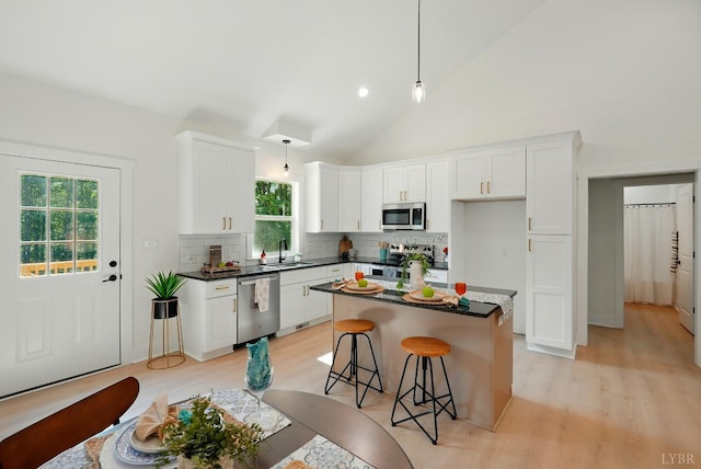 3580 Double Bridges Rd, Spout Spring, VA 24593 - kitchen with appliances with stainless steel finishes, a sink, dark countertops, light wood finished floors, and high vaulted ceiling