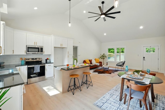3580 Double Bridges Rd, Spout Spring, VA 24593 - kitchen with appliances with stainless steel finishes, high vaulted ceiling, light wood finished floors, white cabinetry, and open floor plan