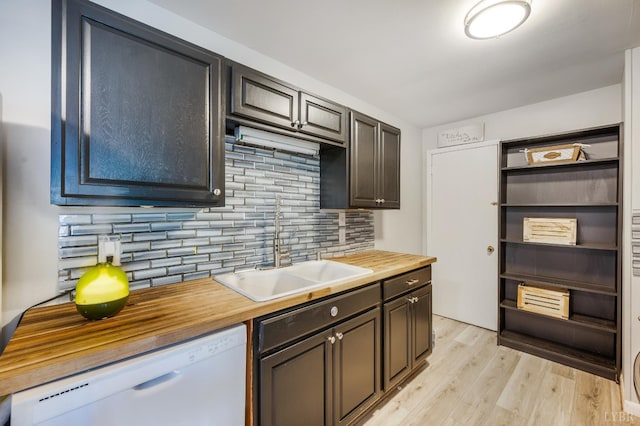 206 Huffmond St, Gretna, VA 24557 - kitchen featuring dishwasher, butcher block counters, tasteful backsplash, light wood-style floors, and open shelves