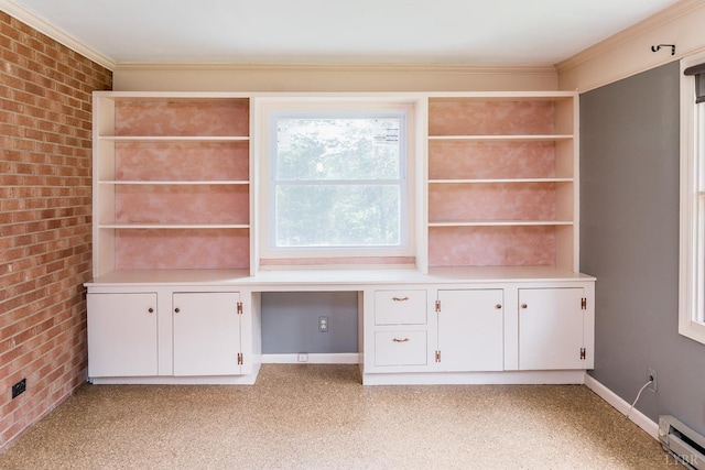 2207 Indian Hill Rd, Lynchburg, VA 24503 - unfurnished office featuring baseboard heating, brick wall, ornamental molding, and built in desk