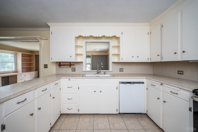 2207 Indian Hill Rd, Lynchburg, VA 24503 - kitchen featuring white dishwasher, open shelves, light countertops, backsplash, and crown molding