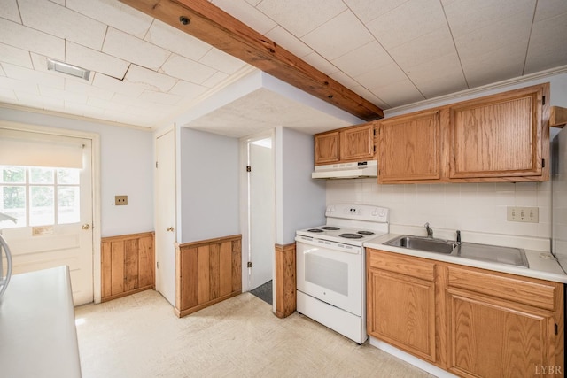 2207 Indian Hill Rd, Lynchburg, VA 24503 - kitchen featuring white electric range oven, under cabinet range hood, light countertops, wainscoting, and light floors