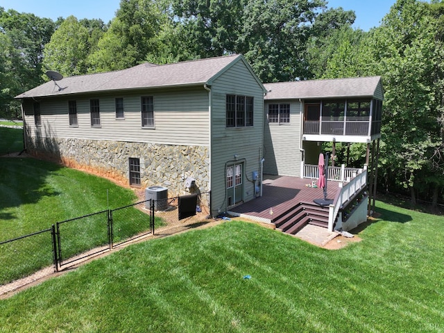 8 Northgate Ct, Lynch Station, VA 24571 - back of property with a gate, a wooden deck, a fenced backyard, stone siding, and a sunroom