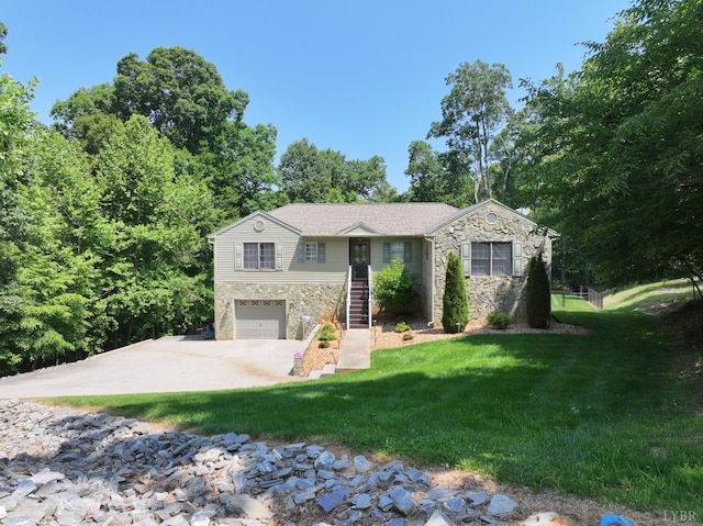 8 Northgate Ct, Lynch Station, VA 24571 - ranch-style home featuring stone siding, a garage, concrete driveway, a front yard, and stairs