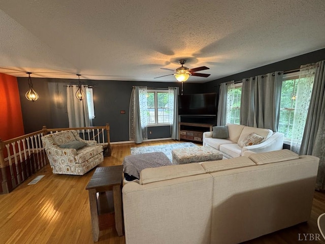 8 Northgate Ct, Lynch Station, VA 24571 - living room with a textured ceiling, wood finished floors, and a ceiling fan