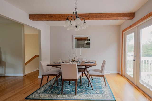 136 Timber Ridge Dr, Forest, VA 24551 - dining area with light wood-style flooring, a chandelier, and beam ceiling