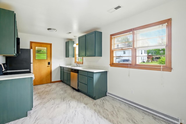 102 SE St, Brookneal, VA 24528 - kitchen with green cabinetry, dishwasher, and light countertops