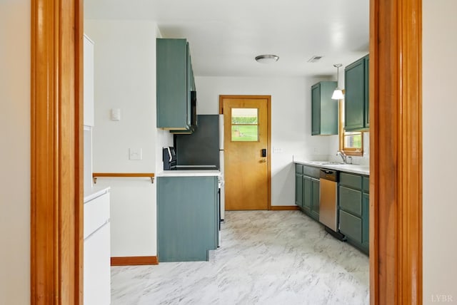 102 SE St, Brookneal, VA 24528 - kitchen featuring green cabinets, dishwasher, and light countertops