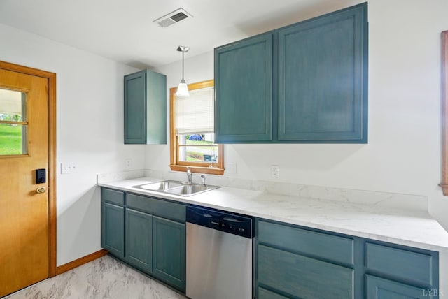 102 SE St, Brookneal, VA 24528 - kitchen featuring stainless steel dishwasher, light marble finish flooring, plenty of natural light, and pendant lighting