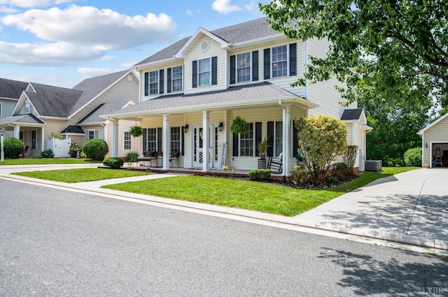 116 Wyndsong Pl, Lynchburg, VA 24502 - colonial house featuring covered porch, a front lawn, driveway, and roof with shingles
