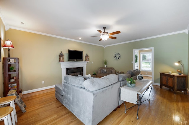 116 Wyndsong Pl, Lynchburg, VA 24502 - living area featuring light wood-style floors, ornamental molding, ceiling fan, and a tiled fireplace