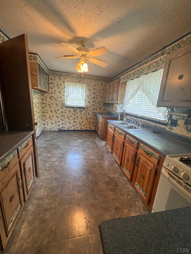 512 Polk St, Lynchburg, VA 24504 - kitchen with wallpapered walls, dark countertops, ceiling fan, a textured ceiling, and open shelves