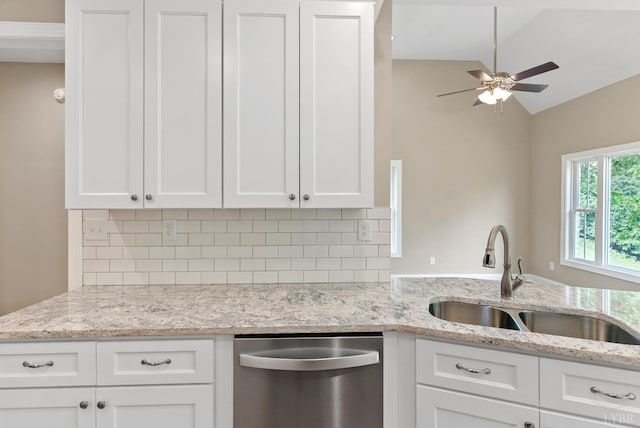1290 Ivy Creek Dr, Forest, VA 24551 - kitchen with dishwasher, decorative backsplash, lofted ceiling, white cabinetry, and ceiling fan
