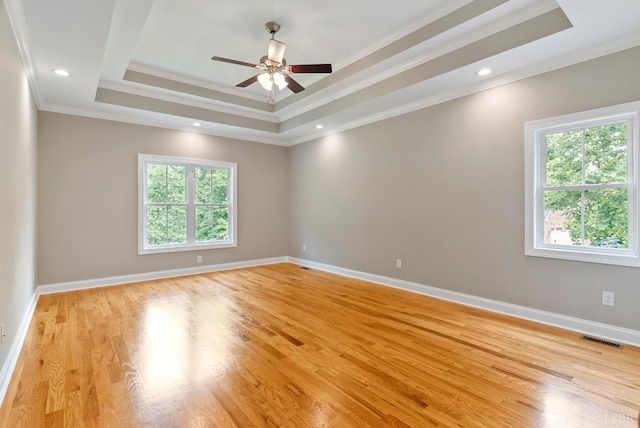 1290 Ivy Creek Dr, Forest, VA 24551 - empty room with ceiling fan, a raised ceiling, crown molding, light wood-type flooring, and recessed lighting