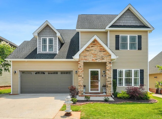 403 Cornerstone St, Lynchburg, VA 24502 - craftsman-style house featuring driveway, a shingled roof, a front lawn, stone siding, and an attached garage