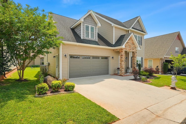 403 Cornerstone St, Lynchburg, VA 24502 - view of front of house with concrete driveway, a front yard, a shingled roof, and stone siding