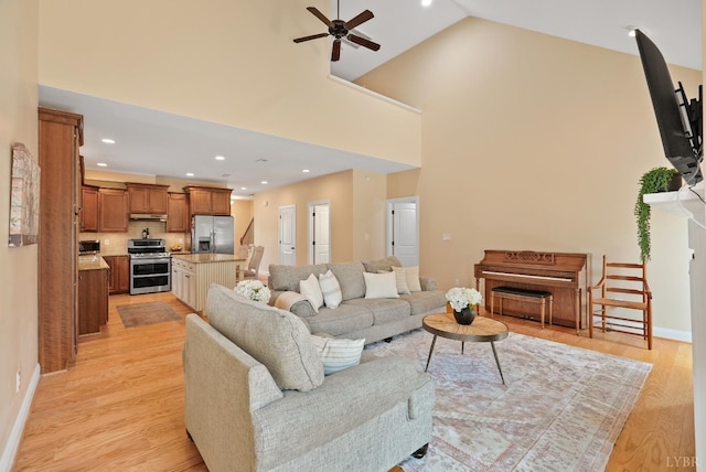 403 Cornerstone St, Lynchburg, VA 24502 - living area featuring a ceiling fan, light wood-type flooring, high vaulted ceiling, and recessed lighting