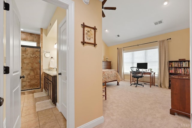 403 Cornerstone St, Lynchburg, VA 24502 - home office featuring a ceiling fan, lofted ceiling, recessed lighting, and light carpet