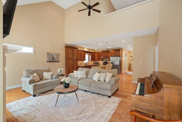 403 Cornerstone St, Lynchburg, VA 24502 - living area with light wood-style floors, ceiling fan, high vaulted ceiling, and recessed lighting
