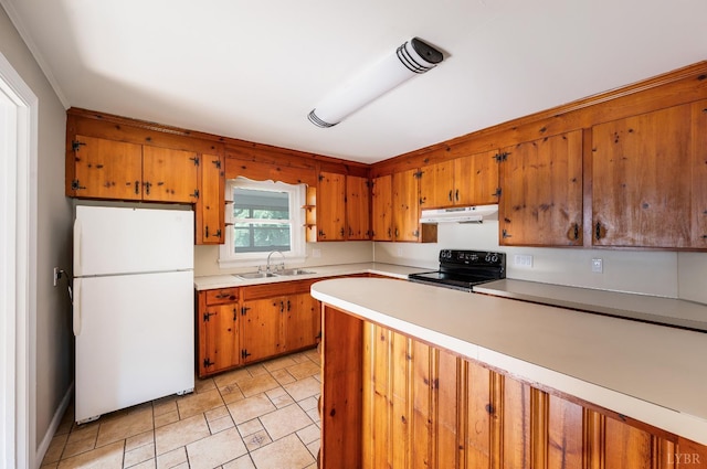 4550 Pumping Station Rd, Appomattox, VA 24522 - kitchen featuring freestanding refrigerator, under cabinet range hood, black electric range oven, and brown cabinetry