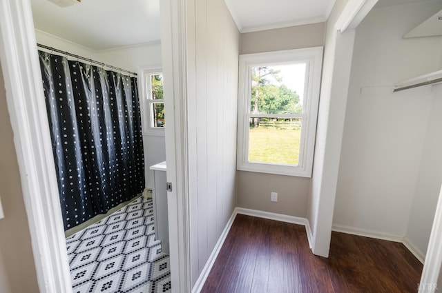 4550 Pumping Station Rd, Appomattox, VA 24522 - full bathroom with wood finished floors, healthy amount of natural light, ornamental molding, and a shower with shower curtain